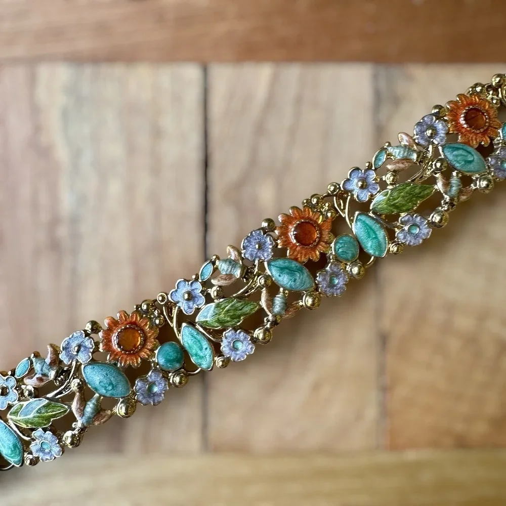 VTG Liz Claiborne Bracelet 7 Inch Jewelry Floral Bee Enamel Wide Multi Color New